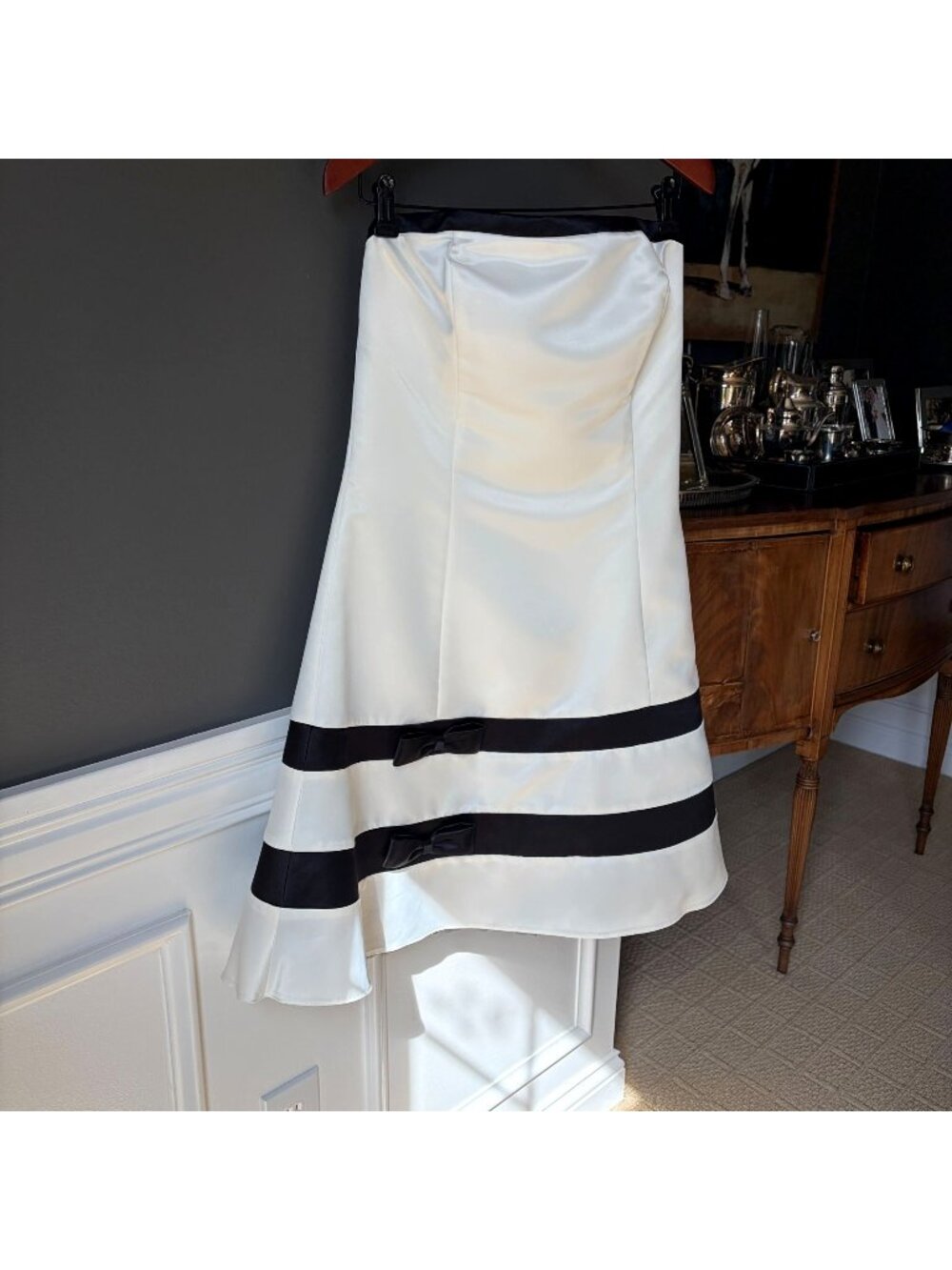Jessica McClintock Gunne Sax Strapless Satin Dress 13/14 White Black Bow Formal